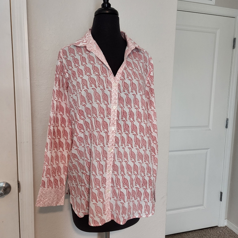 Sigrid Olsen Red and White Bird Print Shirt